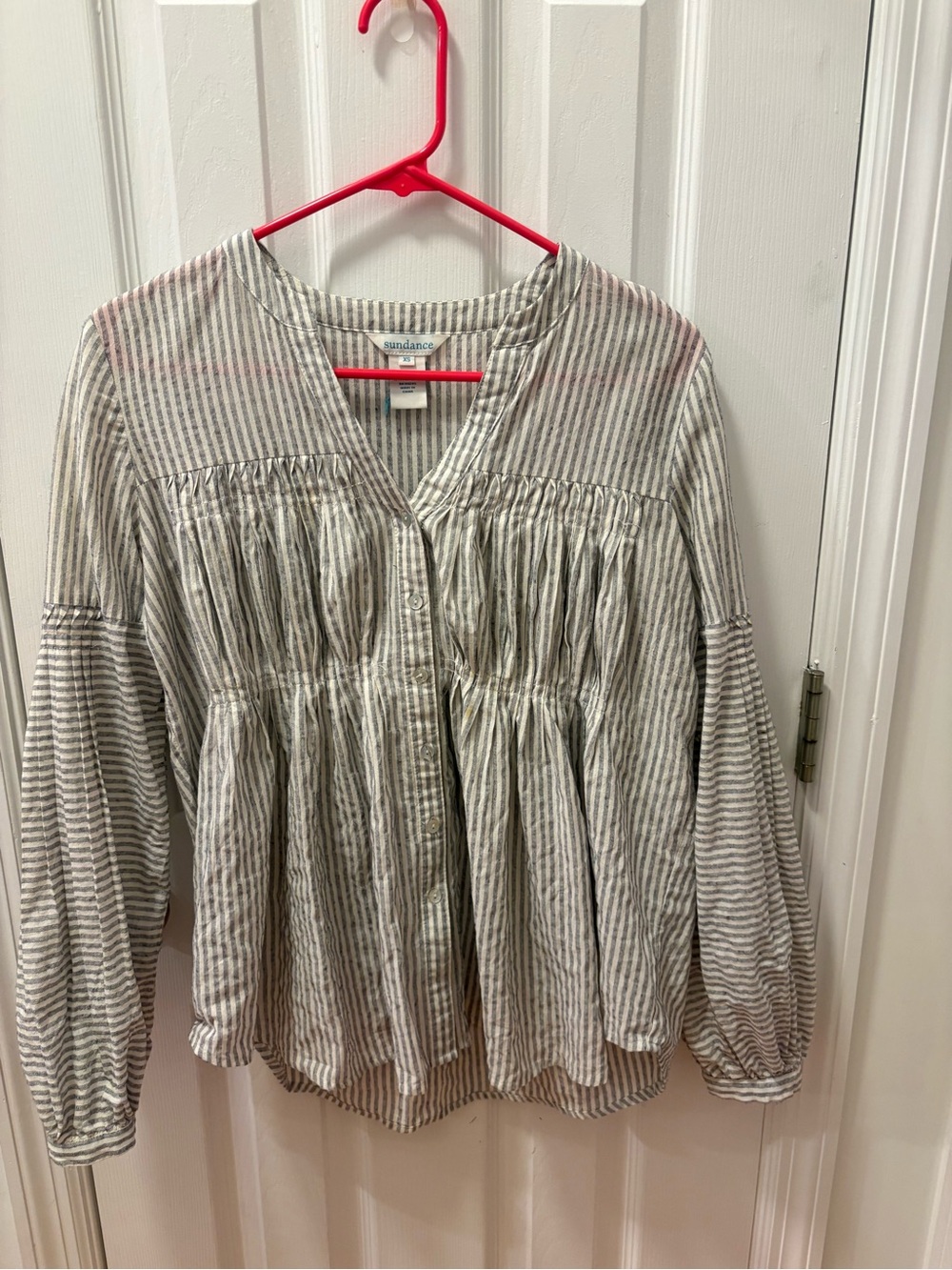 Sundance Gray and White Striped Peasant Blouse